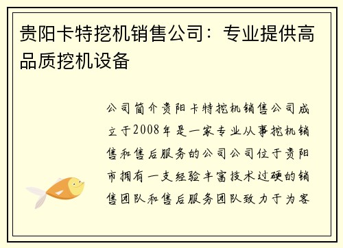 贵阳卡特挖机销售公司：专业提供高品质挖机设备